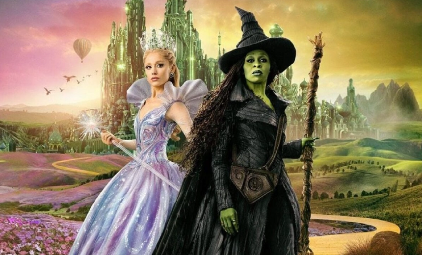Ilustración de Elphaba y Glinda tomadas de las manos en un ambiente mágico, representando la dualidad entre el bien y el mal en The Wicked: Para Siempre.