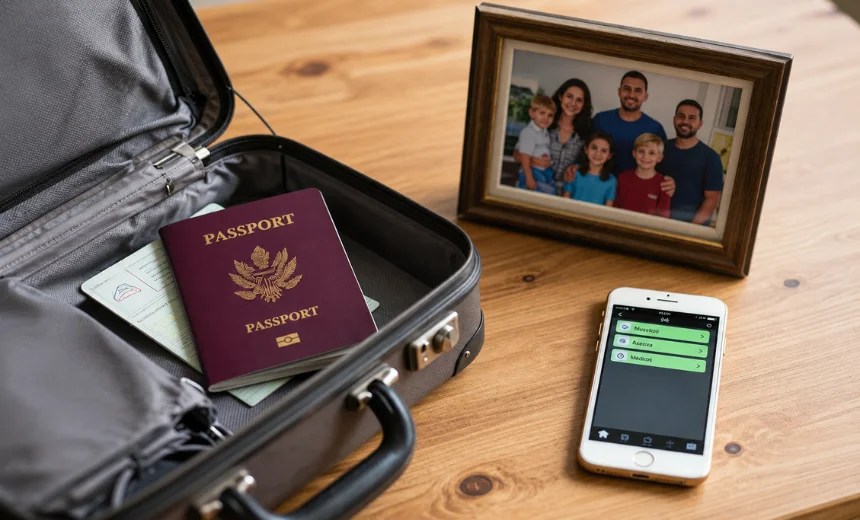 Maleta con pasaporte, fotografía familiar y teléfono móvil que representan la distancia de un migrante respecto a su familia.