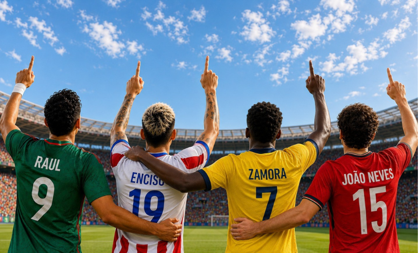 Raúl Jiménez, Julio Enciso ,Yeboah, Jao Neves mirando al cielo abrazados en una cancha de fútbol recordando a sus seres queridos como un homanaje a su memoria.