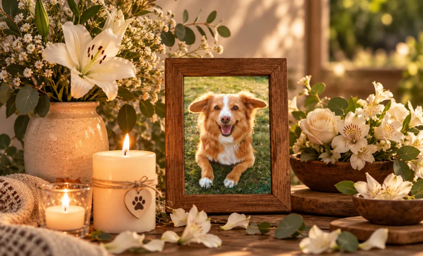 Homenaje a las mascotas fallecidas con una fotografía de un perro, velas encendidas y flores en un altar conmemorativo.