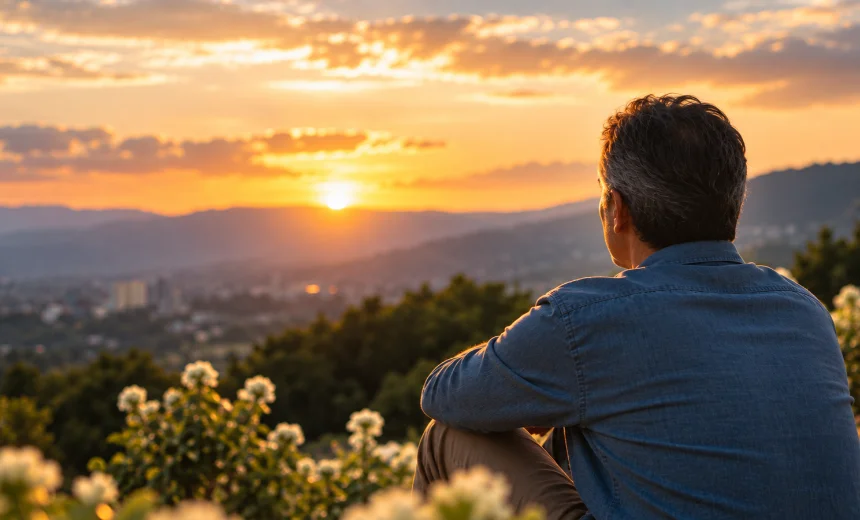 Hombre sentado contemplando el atardecer, en un momento de reflexión y recuerdo.